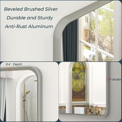 OKPAL 28 x 32 Silver Framed Mirror, Brushed Nickel Bathroom Mirror for Wall, Modern Rounded Rectangle Mirror, Brushed Silver Vanity Mirror, Anti-Rust, HD Glass (Horizontal/Vertical)
