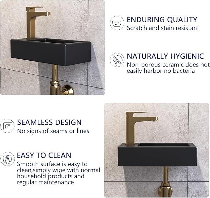 Small Bathroom Sink DeerValley, 15"x7" Mini Rectangle Wall Mount Vessel Sink for Bathroom Powder Room Cloakroom, Floating Space Saving Design, Easy to Clean Matte Black Ceramic Wash Basin (Left Hand)