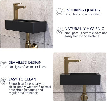 Small Bathroom Sink DeerValley, 15"x7" Mini Rectangle Wall Mount Vessel Sink for Bathroom Powder Room Cloakroom, Floating Space Saving Design, Easy to Clean Matte Black Ceramic Wash Basin (Left Hand)