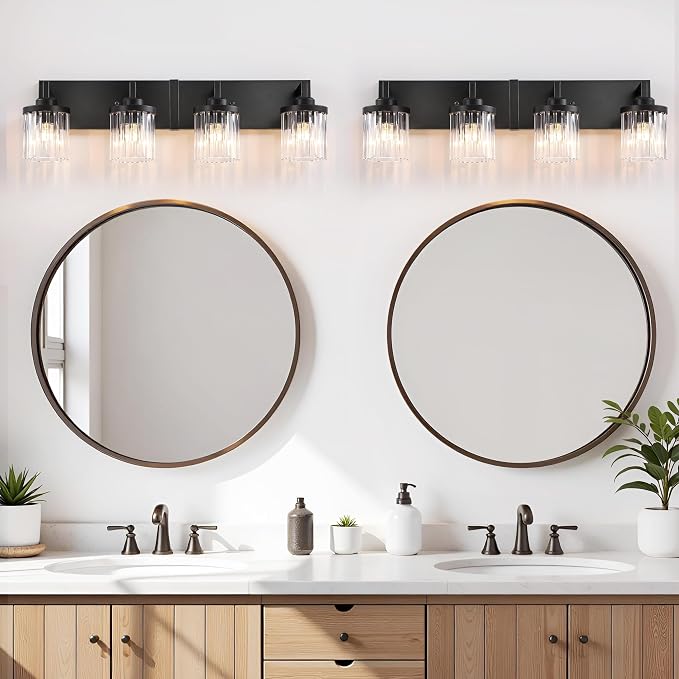 4-Light Black Bathroom Vanity Light, Crystal Glass Shades | Modern Wall Lighting Fixtures Over Mirror, for Bathroom, Matte Black Finish, Rust-resistant Metal, Farmhouse Industrial Style