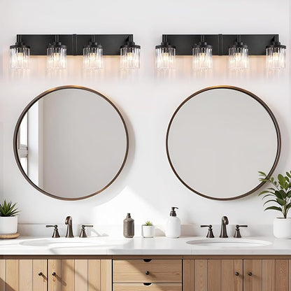4-Light Black Bathroom Vanity Light, Crystal Glass Shades | Modern Wall Lighting Fixtures Over Mirror, for Bathroom, Matte Black Finish, Rust-resistant Metal, Farmhouse Industrial Style