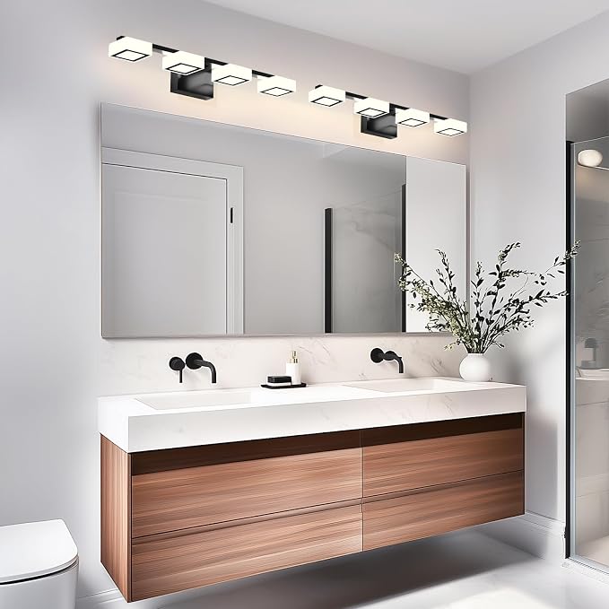 LED Modern Bathroom Light Fixtures, 4-Light Dimmable Vanity Lights with 5 Color Modes, Matte Black Acrylic Bathroom Wall Lighting Fixtures Over Mirror, 2700K- 6500K Adjustable, 25.5 Inch, ETL Listed