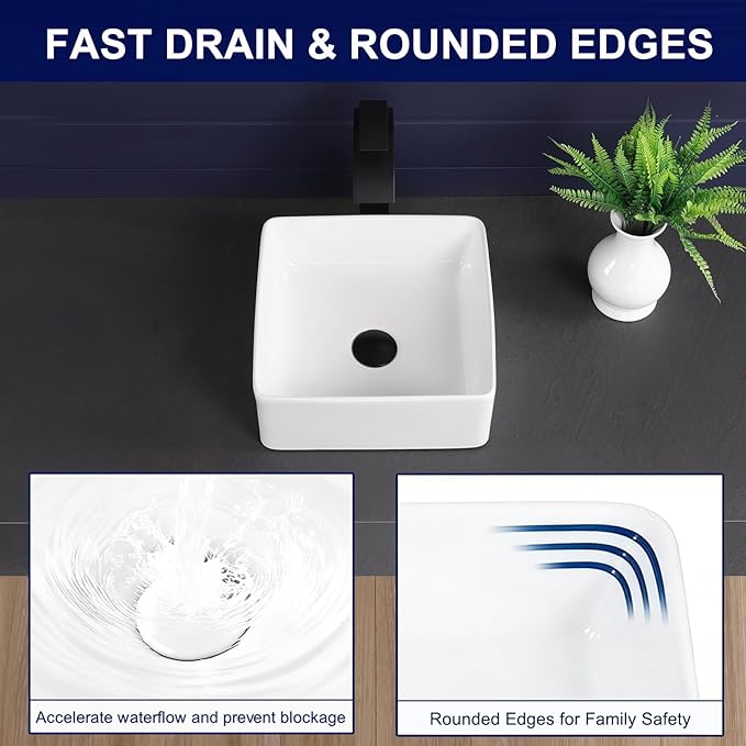 Vessel Sink 13"x13" Rectangular Bathroom Sink Modern White Porcelain Ceramic Above Counter Drop-in Vanity Sink for Bathrooms Art Basin