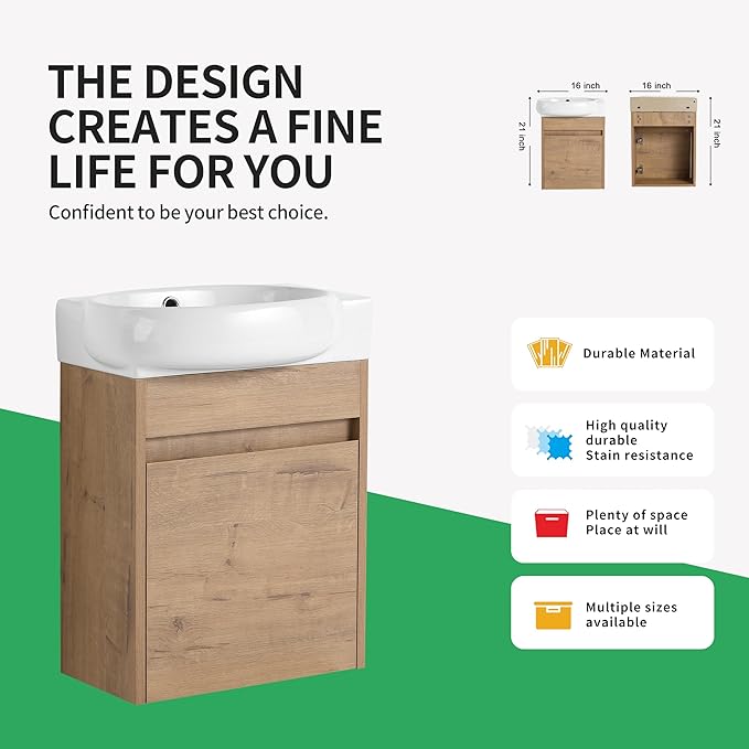 16 inch Floating Bathroom Vanity with Sink, 16'' Wall-Mount Single Sink Vanity with Soft-Close Door & White Ceramic Top, for Small Space, Modern Bathroom Storage Cabinet (029-16IMOX)