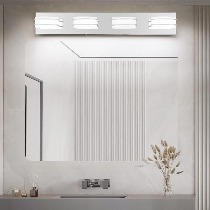 GOODATE 3 Color Temperature Dimmable Vanity Lights for Bathroom, LED Chrome 4 Light Vanity Lighting Fixtures, Acrylic Stainless Steel Oval Shade Bathroom Light Fixtures Over Mirror, ETL Certificated