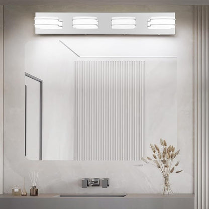 GOODATE 3 Color Temperature Dimmable Vanity Lights for Bathroom, LED Chrome 4 Light Vanity Lighting Fixtures, Acrylic Stainless Steel Oval Shade Bathroom Light Fixtures Over Mirror, ETL Certificated