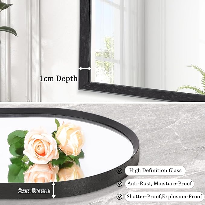 Black Arched Mirror, Modern Bathroom Wall Mirror Aluminum Alloy Framed Mirror Brushed Metal Vanity Wall Mounted Mirror for Livingroom Bedroom Entryway Room 16"x12"