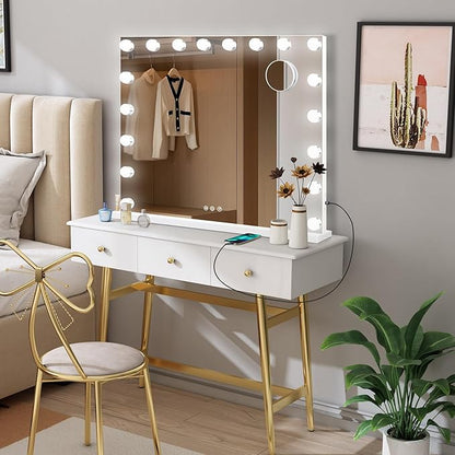 Moonee Hollywood Vanity Mirror with Lights,Makeup Mirror with 18 Dimmable Bulbs and 10X Magnification,3 Colors Modes,Aluminum Metal Frame,USB Charging Port（32" x 24"）
