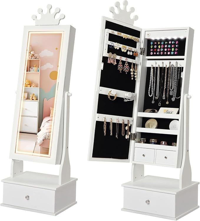 GarveeHome Kids Jewelry Armoire,Child Jewelry Cabinet with Light,Freestanding Jewelry Organizer with Full Length Mirror,3 Storage Drawer,Kids Vanity Dress Up Mirror Jewelry Cabinet for Girls(White)