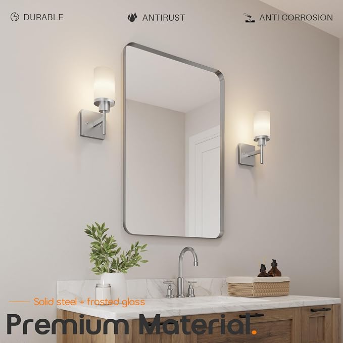 Bathroom Light Fixtures Brushed Nickel Vanity Lights with White Frosted Glass Shade, Wall Lamp for Mirror Kitchen Bedroom Porch, 2 Pack T001BR-L1-P2