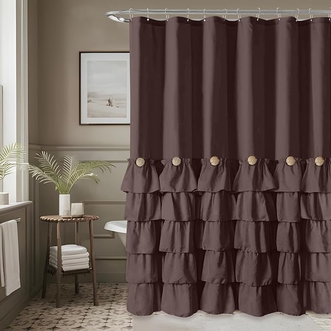 Seasonwood Brown Ruffle Shower Curtain Farmhouse Shower Curtain 72 X 78 | Natural button accents, layered fabric tiers, shabby chic and French country styling for decorative bathroom updates