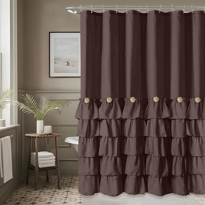 Seasonwood Brown Ruffle Shower Curtain Farmhouse Shower Curtain 72 X 84 | Natural button accents, layered fabric tiers, shabby chic and French country styling for decorative bathroom updates