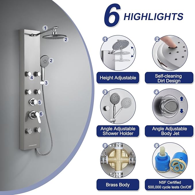 ROVATE Rainfall Shower Panel Tower System with Adjsutable Powerful Body Massage Jets, Flexible Handheld and Waterfall Tub Spout, Stainless Steel High Pressure Shower Column with Brass Valve Body