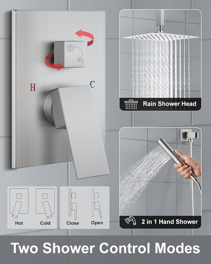 Aolemi Shower System with Rain Head and Handheld,12-Inch,Brushed Nickel | High-Pressure Shower Faucet Set with Dual-Function Handheld,Rough-In Valve,1.8 GPM,Ceiling Mount Trim Kit