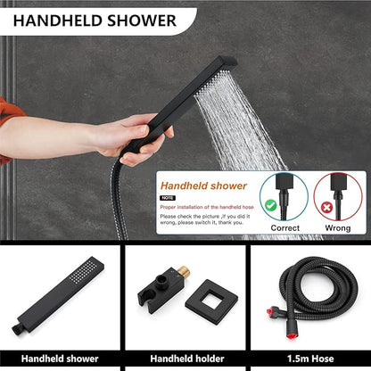 Midanya Shower Faucet Set,Wall Mount Shower System with Square Rain Shower Head and Hand Sprayer, Rough-in Valve Body and Trim Kit Included,12 Inch,Matte Black