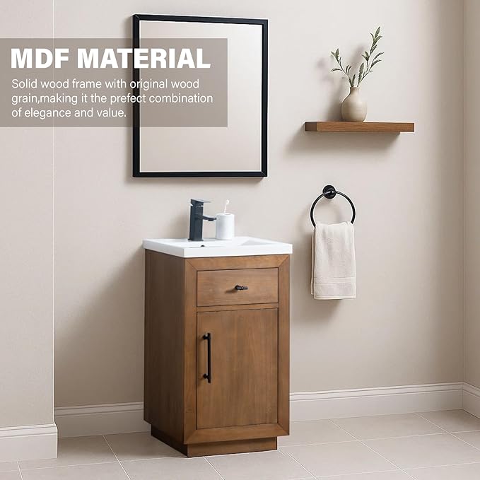 HOMEBEYOND 20" Bathroom Vanity with Single Sink & Ceramic Top, MDF Material Vanity Cabinet with Basin Combo, Soft-Closing Doors, Removable Shelf, Backsplash, Tan