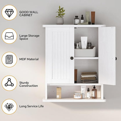 Homeiju Wooden Farmhouse Style Rustic Medicine Cabinet with Two Barn Doors, Wooden Wall Mounted Storage Cabinet with Open and Hidden Storage Space, for Bathroom, Living Room, Kitchen, White