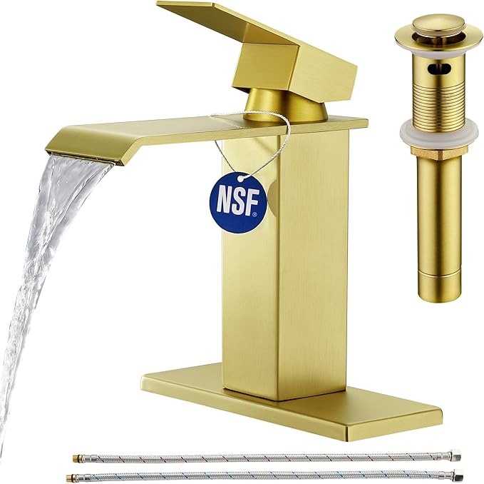 CREA Brushed Gold Bathroom Faucet 1 Hole,Gold Waterfall Bathroom Faucet Single Handle Bathroom Sink Faucet with Drain Stopper/ 3 Hole Deck Plate,RV Basin Vanity Faucet,Stainless Steel