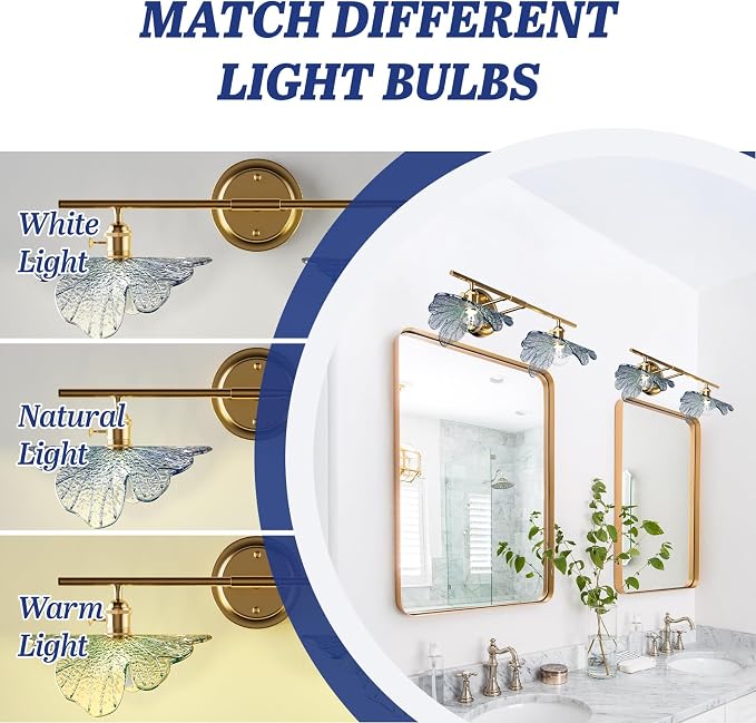 2 Light Vintage Wall Sconces with Glass Shades,Vanity Light,Bathroom Light,Wall Lighting Fixture for Mirror,Home Decor Art Wall Light (Golden+Blue, 2-Lights)
