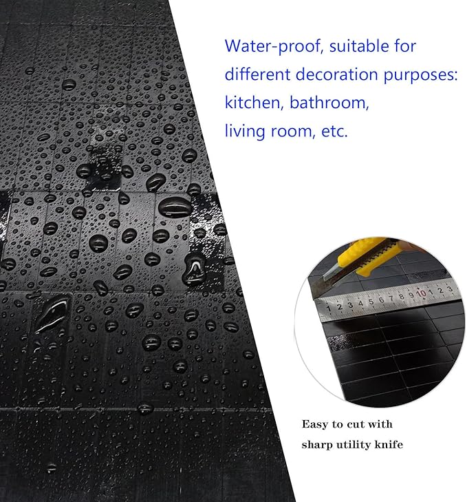 XUANINY Peel and Stick Backsplash Wall Tiles, Black Brushed, 10-Pack | Self-Adhesive, Easy to Install, Waterproof, Heat Resistant, Aluminum Mosaic Sticker, For Kitchen, 11.33"x11.92" Per Sheet