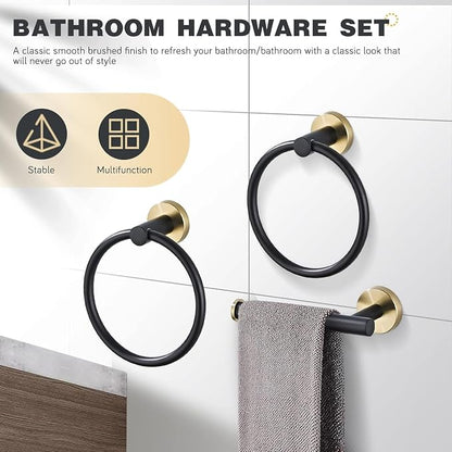 Bathroom Hardware Set 3 Piece Black&Gold Wall Mounted Stainless Steel Hardware Towel Bar Set Gold Bathroom Accessories Towel Rack Set Kit Includes 2 Hand Towel Ring, Toilet Paper Holder