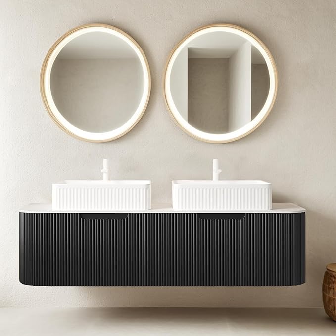 60" Floating Bathroom Vanity with Double Sink, Modern Bathroom Vanities with Marble Countertop and White Rectangular Ceramic Sink, Soft-Close Design, Natural Solid Wood Cabinet, Pre-Assembled, Black