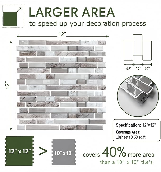 Peel and Stick Backsplash, Self Adhesive 10 Kitchen Tiles 12''x12'' | Greige Brown 3D Wall Tile Back Splash for Kitchen, Bathroom, Laundry Room