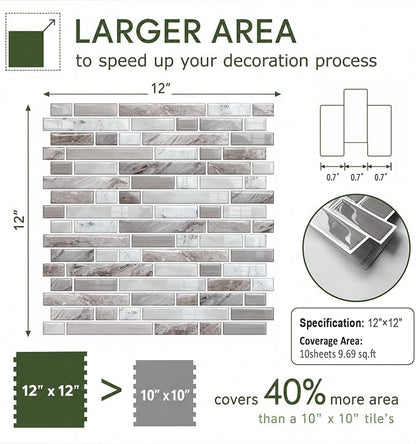 Peel and Stick Backsplash, Self Adhesive 10 Kitchen Tiles 12''x12'' | Greige Brown 3D Wall Tile Back Splash for Kitchen, Bathroom, Laundry Room