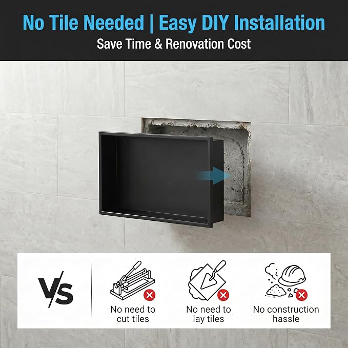 304 Stainless Steel Shower Niche 24" x 12" for Bathroom Storage | Waterproof Matte Black Recessed Shower Niche No Tile Needed