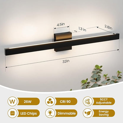 32 Inch Modern Bathroom Vanity Light - 26W Dimmable 5CCT LED Bathroom Light Fixture Over Mirror with Up & Down Lighting Black Bath Vanity Lights for Bathroom Restroom Bedroom