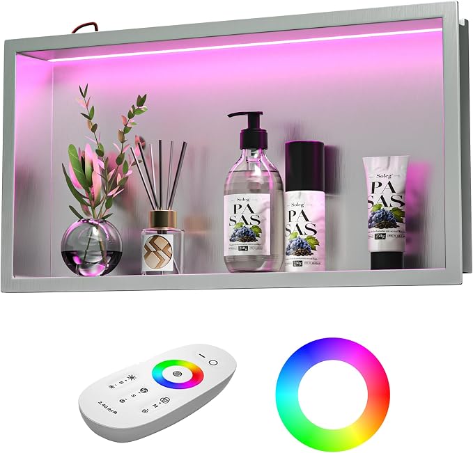 Stainless Led Shower Niche 24"x12" Brushed RGB Light No Tile Needed | 304 stainless steel shower niche,recessed dimmable niche shower,Led driver & remote control included,dropped in niche