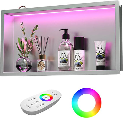 Stainless Led Shower Niche 24"x12" Brushed RGB Light No Tile Needed | 304 stainless steel shower niche,recessed dimmable niche shower,Led driver & remote control included,dropped in niche