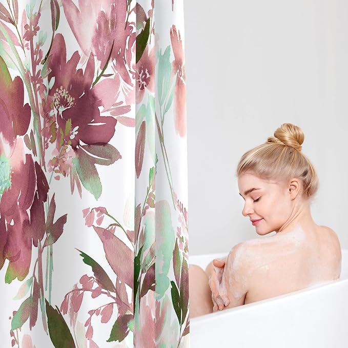 MAYZUS Plum Watercolor Floral Shower Curtains for Bathroom, 72x72 | Modern Abstract Flower Decorative Fabric Shower Curtain Set with Hooks