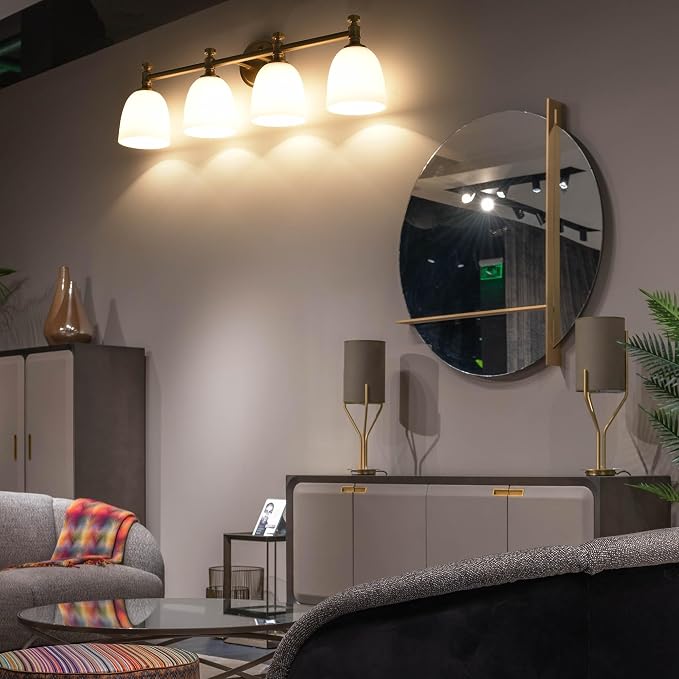 Gold Bathroom Vanity Light, 4-Light Bathroom Light Fixtures Over Mirror, Traditional Vanity Lights for Living Room, Milk White Bell Glass Shades, Standard E26 Base, Aged Brass