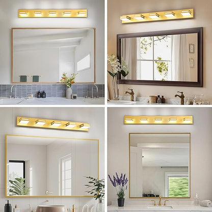 LED Modern Bathroom Light Fixtures, 5-Light 40-Inch Gold Vanity Lights for Bathroom Lighting Fixtures Over Mirror, 350° Rotatable Acrylic, 6000K Cool White Wall Lamp