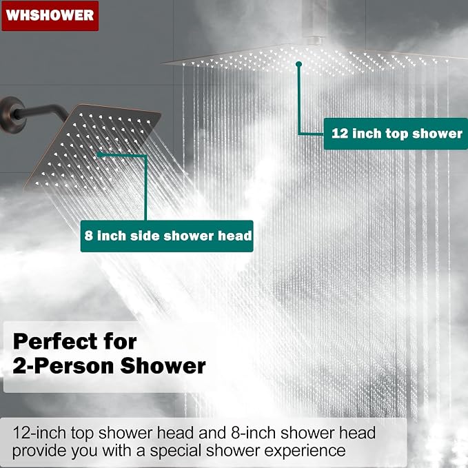Dual Shower Heads Shower System with 12 Inch Ceiling Rainfall Shower Head and 8 Inch Side Shower Head Digital Display Shower Fixtures Luxury Shower Faucet Set,Oil Rubbed Bronze