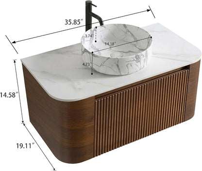 36" Preassembled Floating Bathroom Vanity with Carrara Finish Sink, Walnut | Mid-Century Modern Style, Fluted & Soft-Close Drawer with U-shaped Wall, Sinterted Stone Countertop, Towel Rack Included