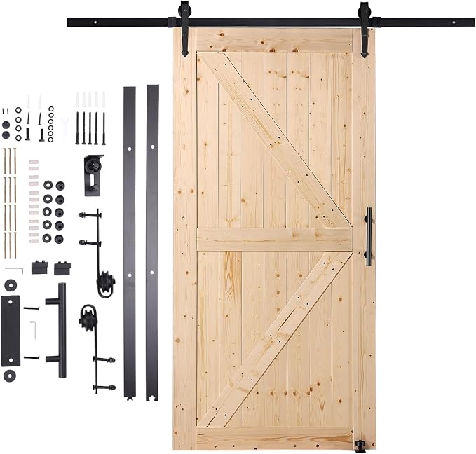 VEVOR 42in x 84in Sliding Barn Door with 7ft Barn Door Hardware Kit Included & Handle, Water-Proof Solid Wood, Easy Assembly, for Interior Rooms & Storage Closet, K-Frame, DIY, Stainable, Natural