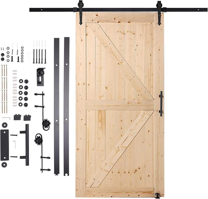 VEVOR 42in x 84in Sliding Barn Door with 7ft Barn Door Hardware Kit Included & Handle, Water-Proof Solid Wood, Easy Assembly, for Interior Rooms & Storage Closet, K-Frame, DIY, Stainable, Natural