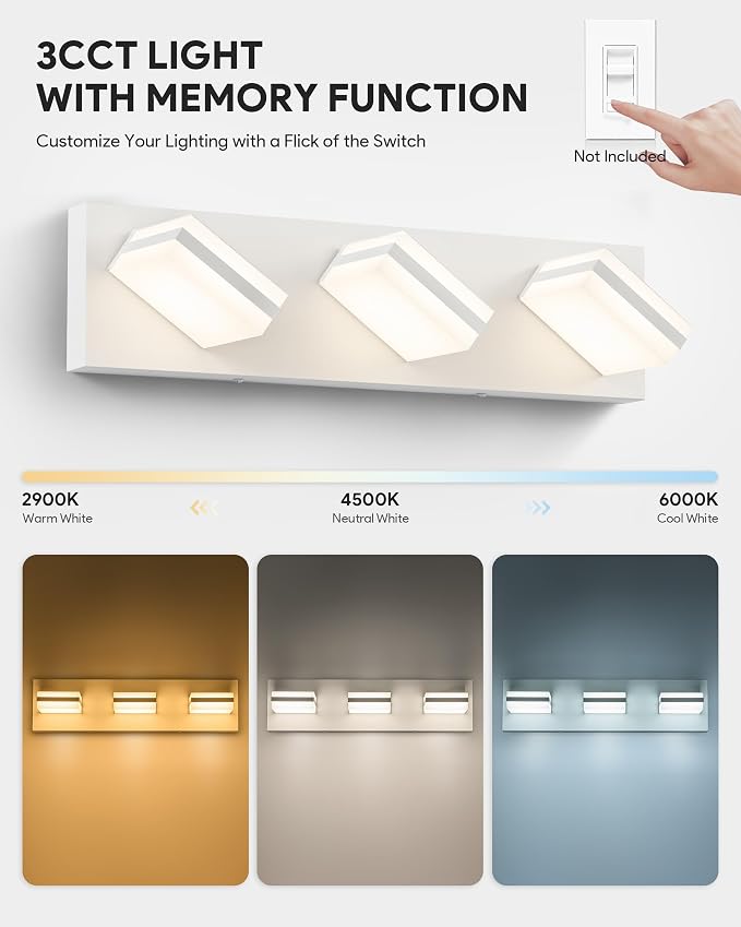 VONLUCE LED Modern Bathroom Vanity Light Fixture, Matte White | 18'', 3-Light, 3CCT, 360° Rotate, High CRI, Flicker-free, Dimmable, Memory Function, Waterproof IP44, Easy Installation