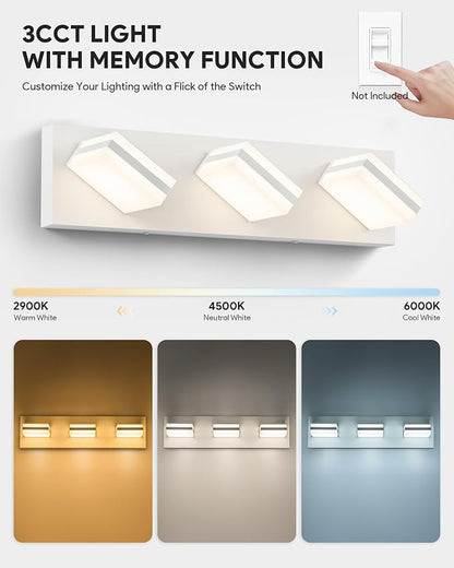 VONLUCE LED Modern Bathroom Vanity Light Fixture, Matte White | 18'', 3-Light, 3CCT, 360° Rotate, High CRI, Flicker-free, Dimmable, Memory Function, Waterproof IP44, Easy Installation