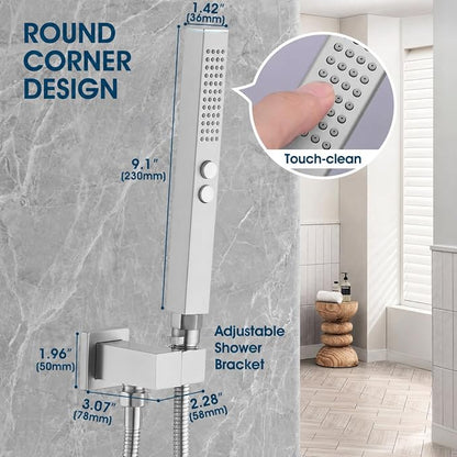 All-Metal High Pressure Square Handheld Shower Head with Jet Spray and Rainfall Modes, Volume Control Regulator, ON/OFF Switch, Hose and Wall Mounted Adjustable Bracket (Brushed Nickel)