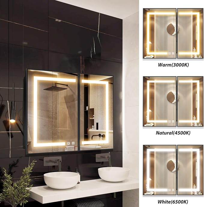 APRILSOUL 36x30 Inch Lighted Bathroom Medicine Cabinet with Mirror, Black Recessed or Surface Mount Medicine Cabinet Mirror with Storage and LED Lights, 3 Colors Temperature, Dimmable Light