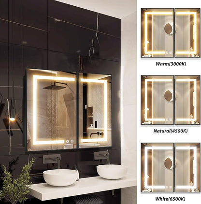 APRILSOUL 36x30 Inch Lighted Bathroom Medicine Cabinet with Mirror, Black Recessed or Surface Mount Medicine Cabinet Mirror with Storage and LED Lights, 3 Colors Temperature, Dimmable Light