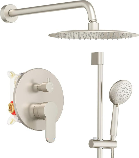 Gabrylly Shower System, Slide Bar Shower Faucet Set, 10", Brushed Nickel | Rainfall Shower Head with 5-Setting Handheld Spray, Wall Mounted Shower Set Included 2-Way Shower Valve and Trim Kit