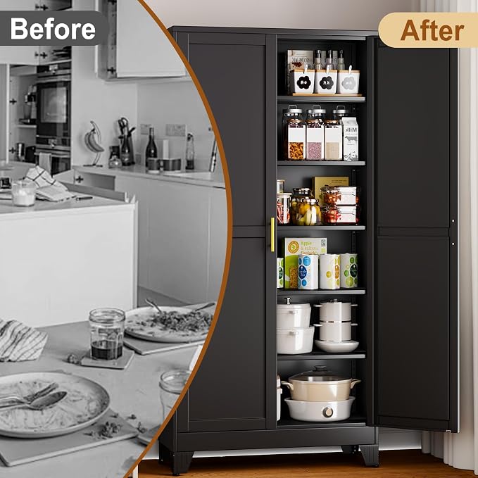 75" Black Tall Metal Storage Cabinet with 2 Doors and 5 Adjustable Shelves,Steel Garage Tool Cabinet, File Cabinet,Kitchen Pantry Cabinet for Home,Office,Garage,School,Warehouse