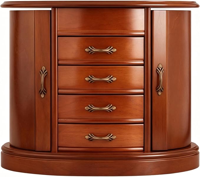 RR ROUND RICH Solid Wood Jewelry Box for Women Brown | Large Capacity Organizer with Rotating Necklace Holder, Mirror & 4 Drawers, Vintage Brown Gift Box