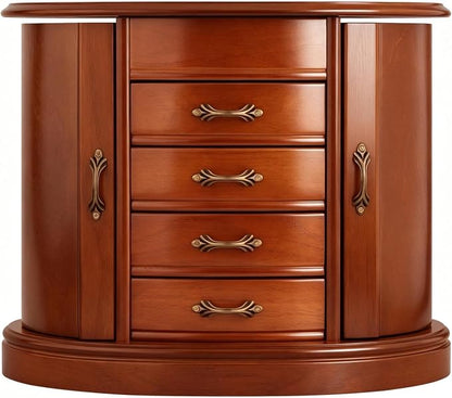 RR ROUND RICH Solid Wood Jewelry Box for Women Brown | Large Capacity Organizer with Rotating Necklace Holder, Mirror & 4 Drawers, Vintage Brown Gift Box
