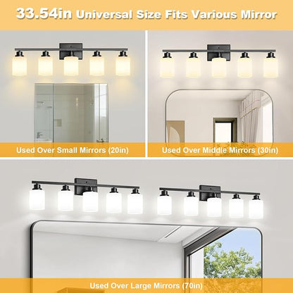 Unicozin 5-Light Bathroom Light Fixtures, Modern Black Vanity Light Over Mirror, Wall Sconces with Milky White Glass Shades for Living Room Bedroom Hallway E26 Base