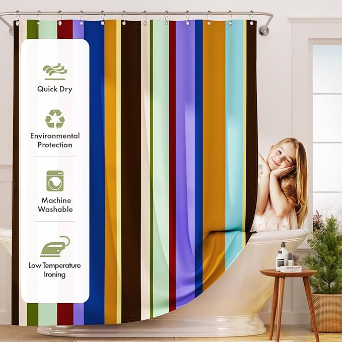 AmazerBath Colorful Vertical Stripes Shower Curtain, Cute Stripe Bathroom Shower Curtain Set with 12 Shower Curtain Hooks, Rustic Fabric Shower Curtain, 72x72 Inches